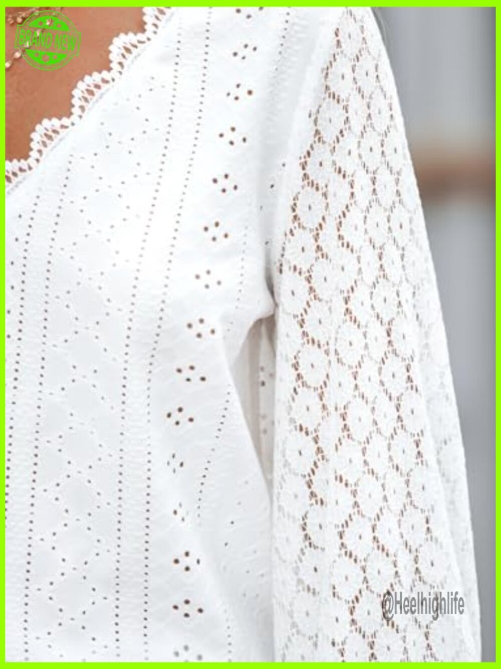 Eyelet Scalloped Lace V Neck Blouse Long Sleeve Casual Loose Fit Tunic - Picture 4 of 7